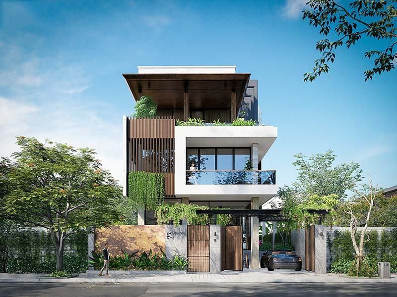 Mẫu nhà 3 tỷ có gara để xe tiện lợi và khoảng sân thượng, ban công rộng thoáng 