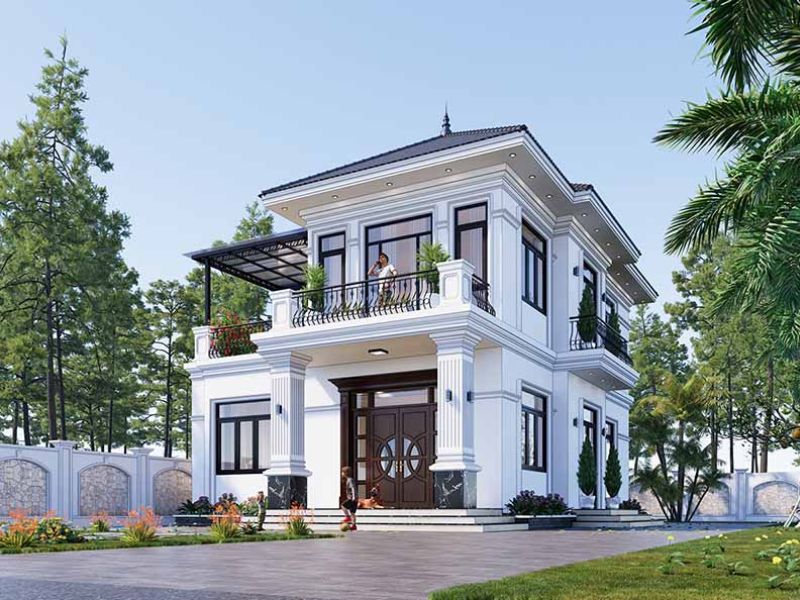 Mẫu nhà 2 tầng tân cổ điển 4 ngủ 1 phòng thờ có sân nhà rộng rãi 