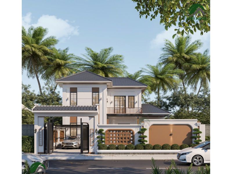 Kiến trúc biệt thự kiểu indochine hơi hướng hiện đại với cửa kính, mái Nhật 