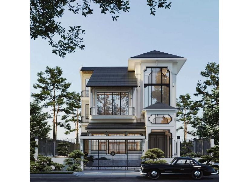 Kiểu nhà 2 tầng phong cách indochine mái Nhật với hệ cửa kính lớn tối ưu ánh sáng và thông gió tự nhiên 