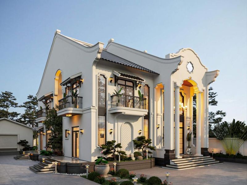 Mẫu biệt thự 2 tầng indochine 10x15m với 2 sảnh hiên rộng, thoáng đãng 