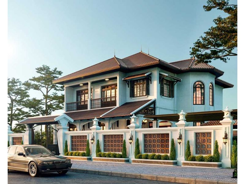 Biệt thự 2 tầng mái Nhật 180m2 phong cách indochine bề thế, khang trang 