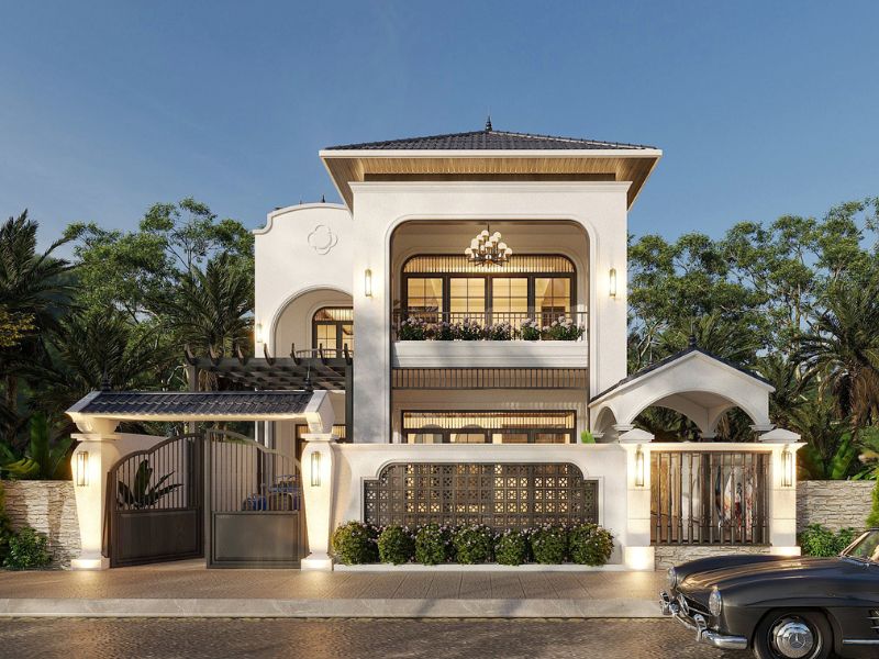 Thiết kế biệt thự 2 tầng kiểu indochine chữ L vừa đẹp vừa thoáng đãng 