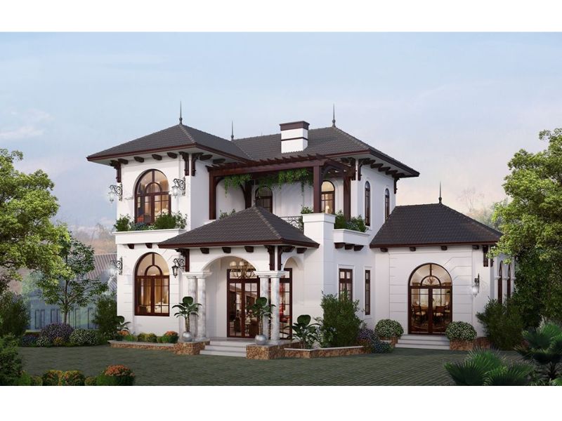 Ý tưởng thiết kế nhà 2 tầng phong cách indochine mặt tiền đa lớp 
