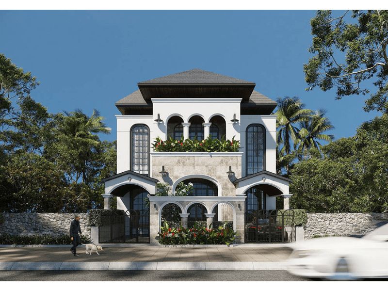 Mẫu biệt thự 2 tầng phong cách indochine với bố cục mặt tiền đối xứng bề thế ấn tượng 