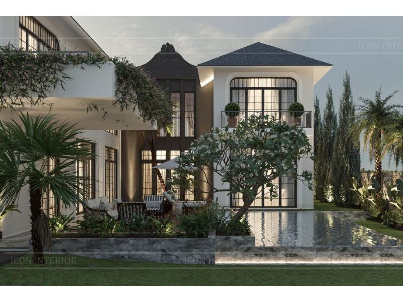 Hình ảnh biệt thự indochine với bể bơi trước nhà chuẩn nghỉ dưỡng 