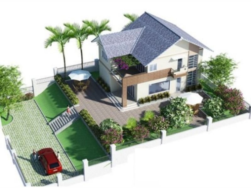 Thiết kế phối cảnh ngoại thất 3D của ngôi nhà vườn 2 tầng mái thái