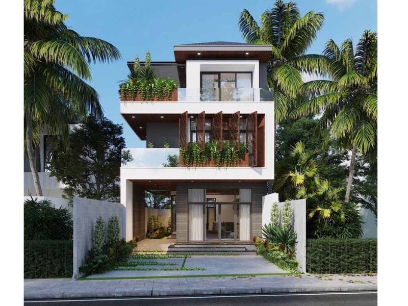 Mặt tiền nhà 3 tầng 300m2 sử dụng vách kính lớn tăng cường ánh sáng tự nhiên và tạo sự thoáng đãng