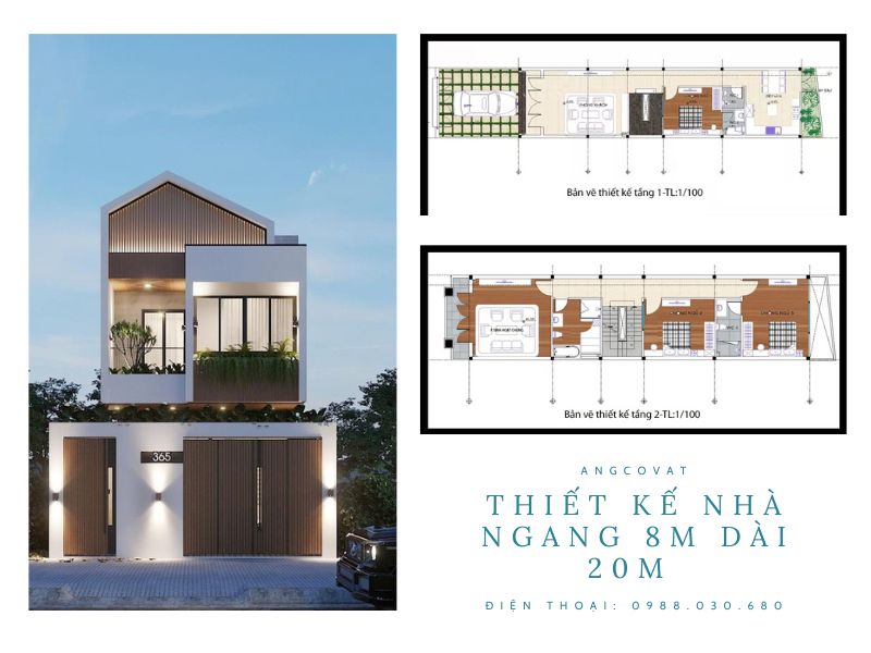 Kiến trúc nhà 2 tầng 8x20m rộng và thoáng