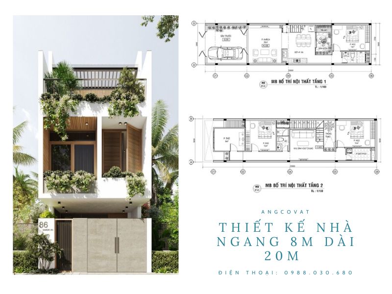 Kiến trúc nhà 8x20m sân vườn có gara