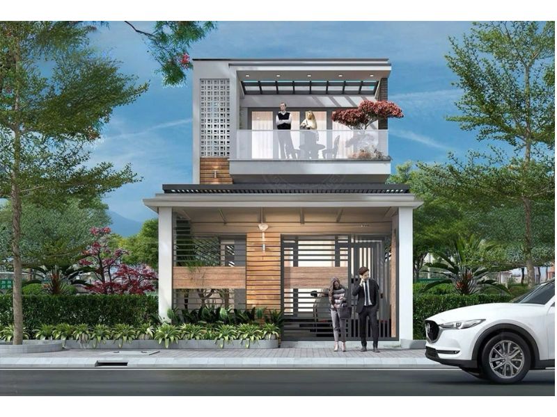 Kiến trúc nhà 2 tầng mái bằng mặt tiền 8m
