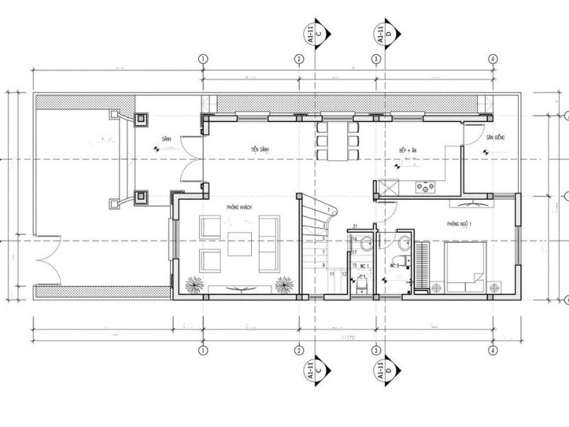Mặt bằng công năng tầng 1 nhà 2 tầng 8x12m