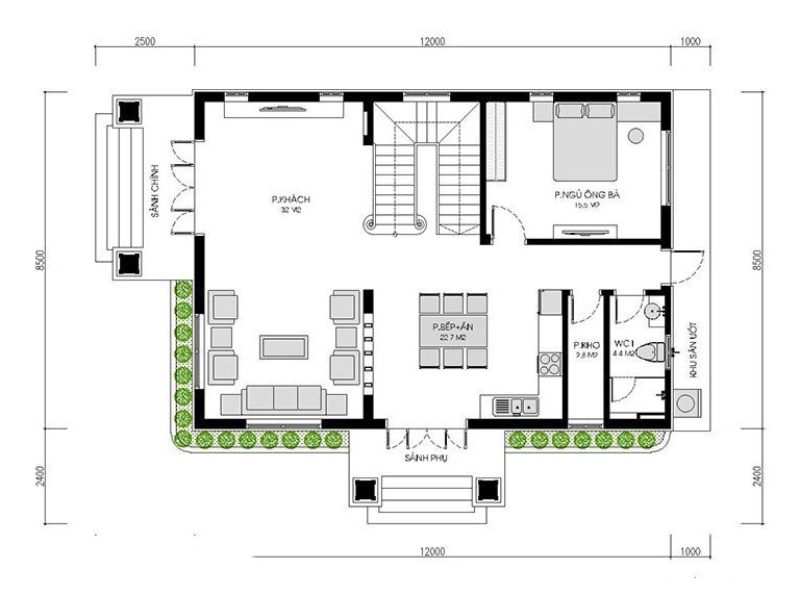 Mặt bằng nhà 4 ngủ 8x12m tầng 1