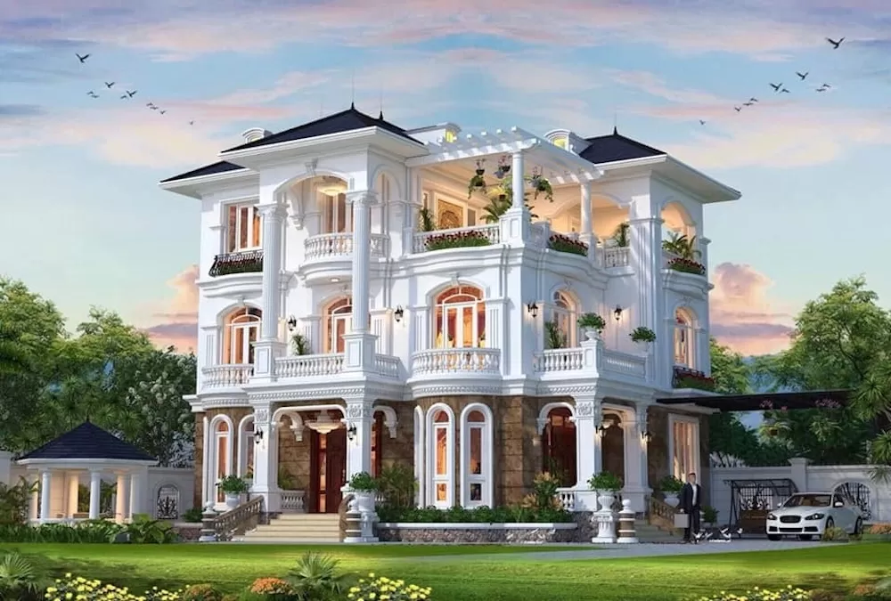 tính chi phí làm nhà biệt thự 3 tầng 300m2 mái nhật tân cổ điển