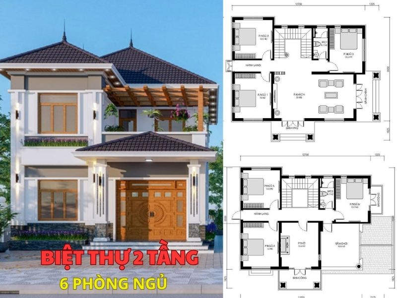 Bản vẽ thiết kế biệt thự 2 tầng 6 phòng ngủ 