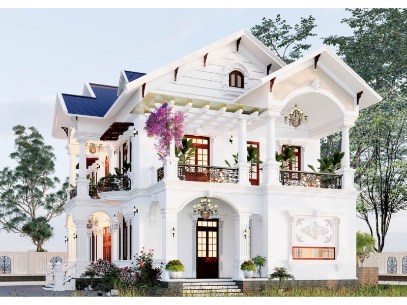 Biệt thự 2 tầng mái Thái 6 phòng ngủ sử dụng gam màu trắng nổi bật 