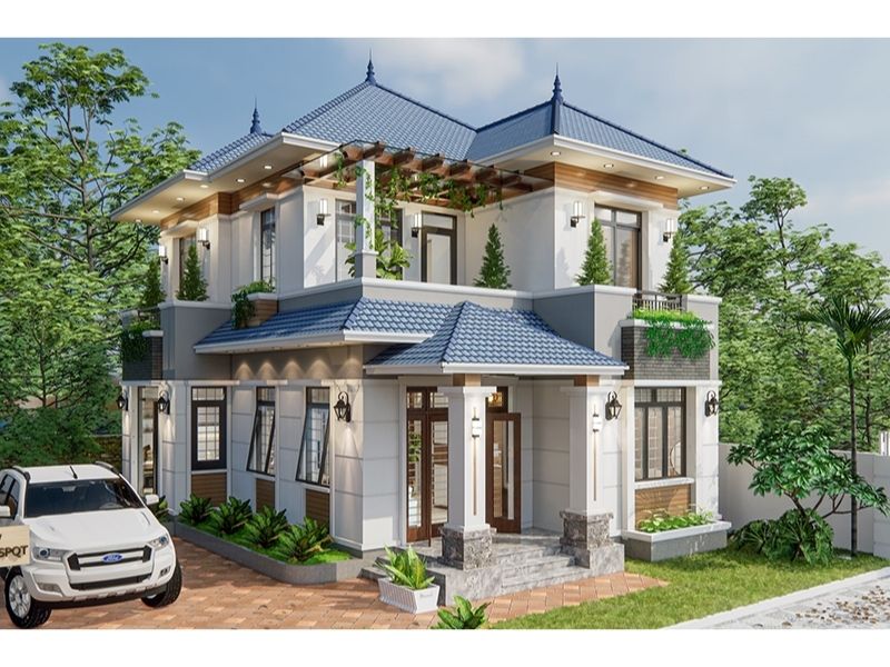 Mẫu nhà 2 tầng mái Nhật 6 phòng ngủ sang trọng 