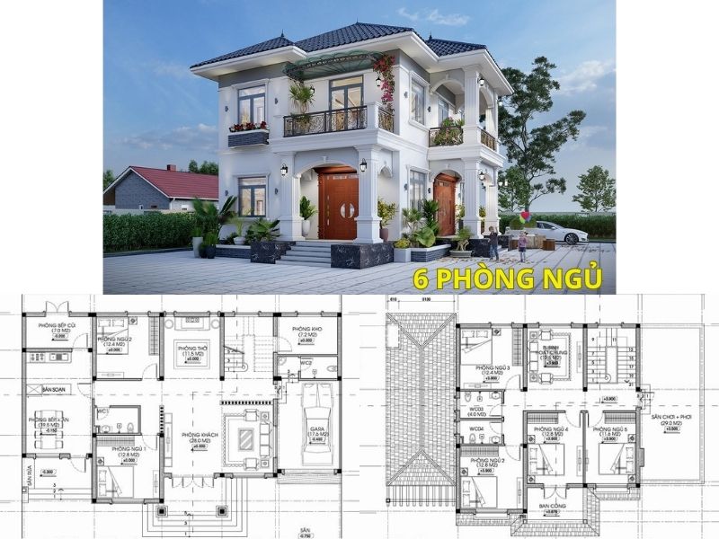 Mặt bằng biệt thự 2 tầng 6 phòng ngủ tiện nghi 