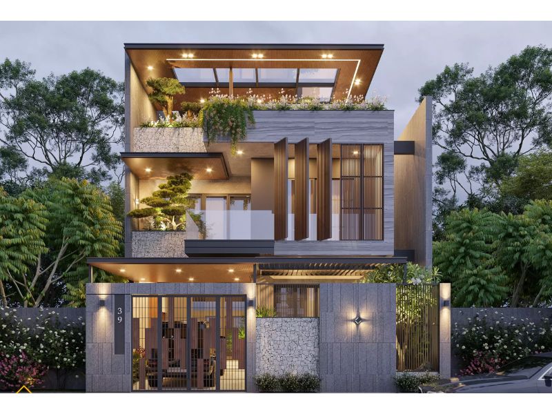 Kiến trúc nhà 2 tầng 1 tum nổi bật với hình khối vuông vức 