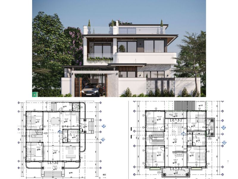 Chi tiết bản vẽ mặt bằng biệt thự 2 tầng 1 tum 6 phòng ngủ 