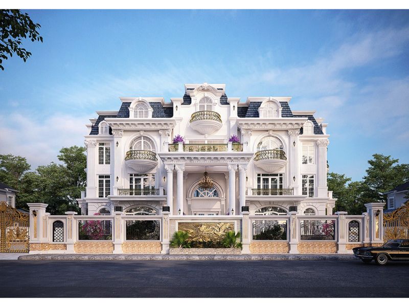 Thiết kế mặt tiền biệt thự cổ điển đối xứng thể hiện sự hài hòa và bề thế 