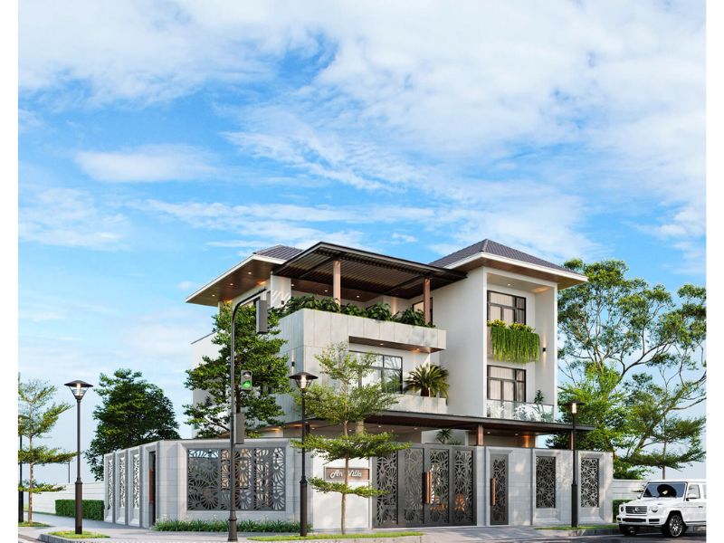 Các hình khối đua ra thụt vào kết hợp hài hòa cùng các mảng xanh thiên nhiên tạo chiều sâu về thẩm mỹ cho ngôi biệt thự hiện đại đẹp nhất 