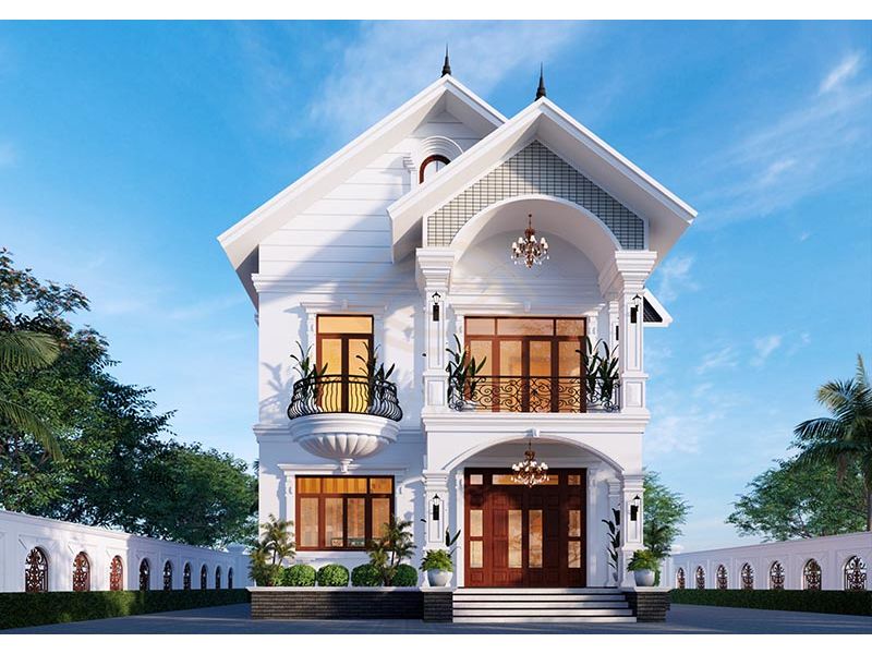 Thiết kế biệt thự 2 tầng với đường nét phào chỉ mềm mại kết hợp trụ cột bề thề tạo vẻ đẹp sang trọng, nổi bật 