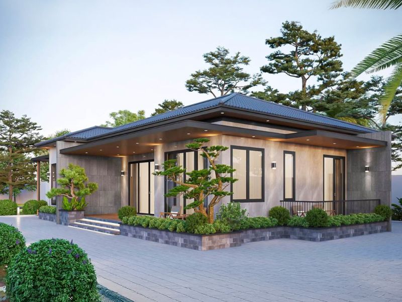 Biệt thự 1 tầng hiện đại mái Nhật có không gian mở thoáng đãng, kết nối hài hòa với sân vườn 