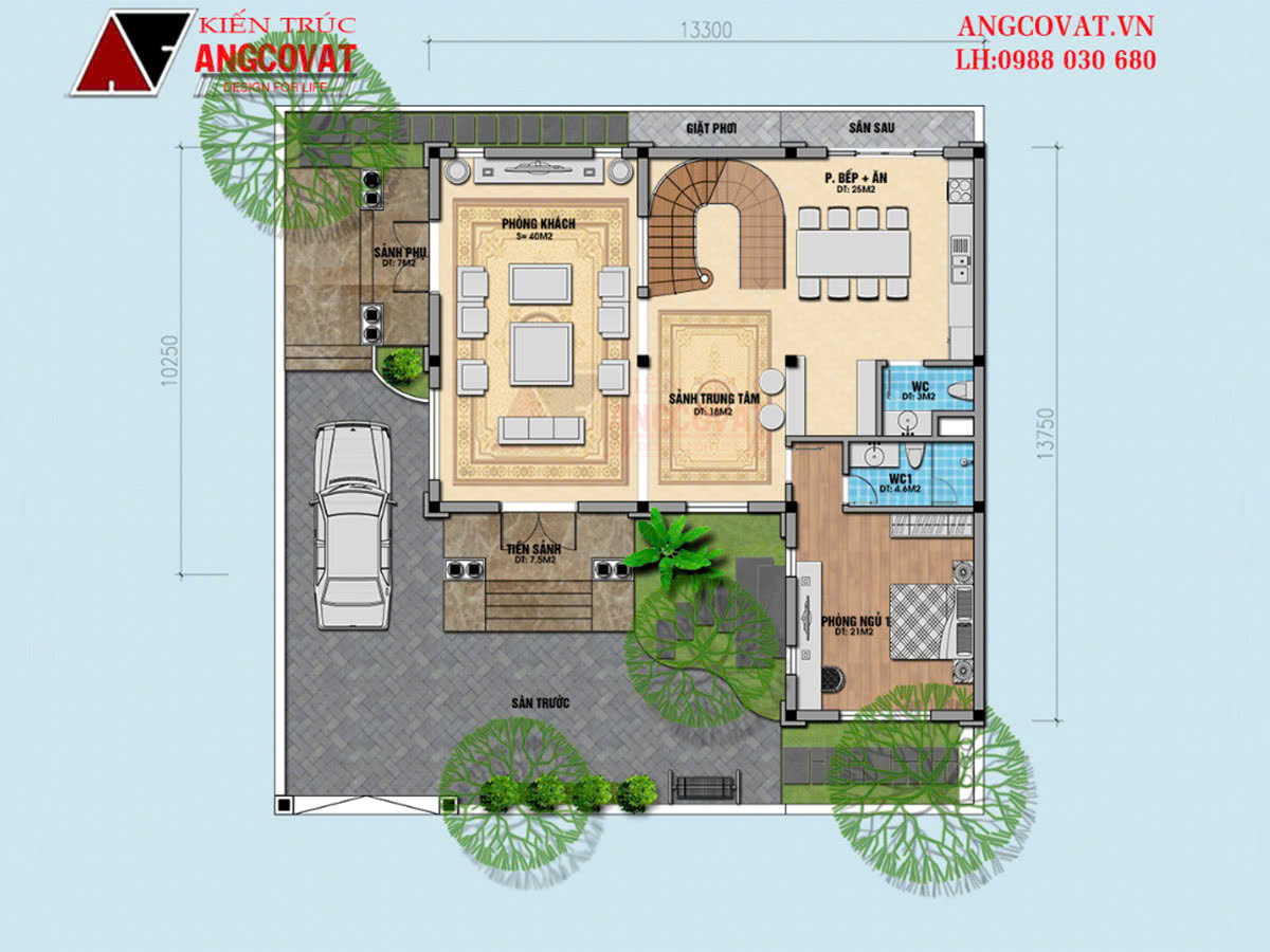 Bản vẽ mặt bằng tầng 1 của mẫu biệt thự 2 tầng tân cổ 