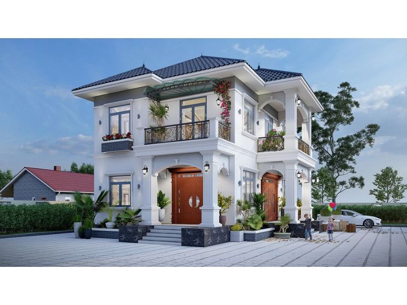Biệt thự 2 tầng mái Nhật tân cổ điển sử dụng hệ trụ cột tiền sảnh bề thế, sang trọng 