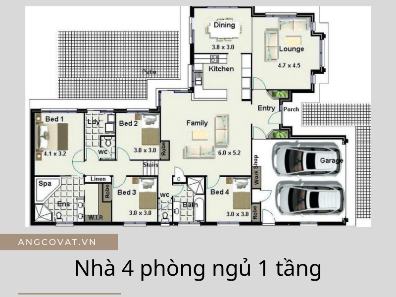 Mặt bằng mẫu nhà 1 tầng 4 phòng ngủ có 2 không gian chung
