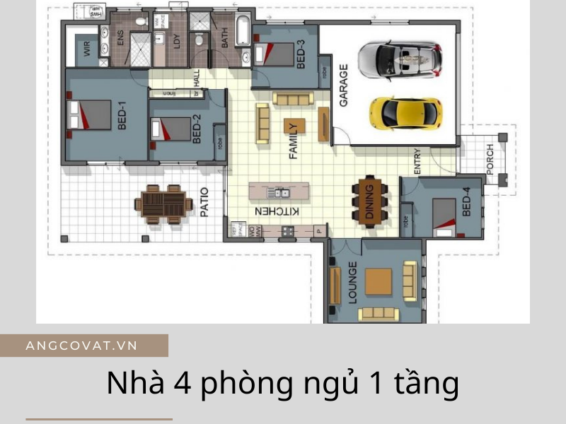Mặt bằng mẫu nhà 1 tầng 4 phòng ngủ thiết kế bao quanh nhà