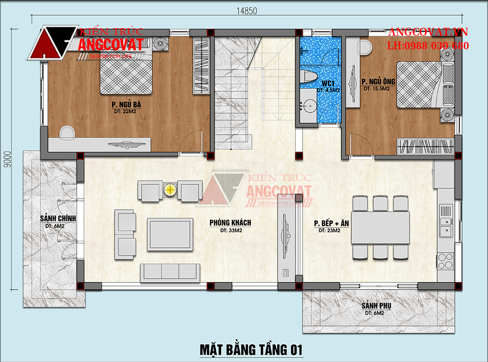 Mặt bằng tầng 1 của mẫu biệt thự 3 tầng 140m2 hiện đại