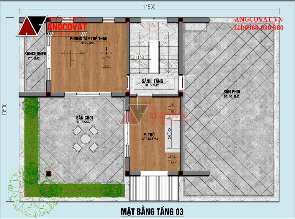 Bản vẽ mặt bằng tầng 3 của biệt thự 3 tầng 140m2