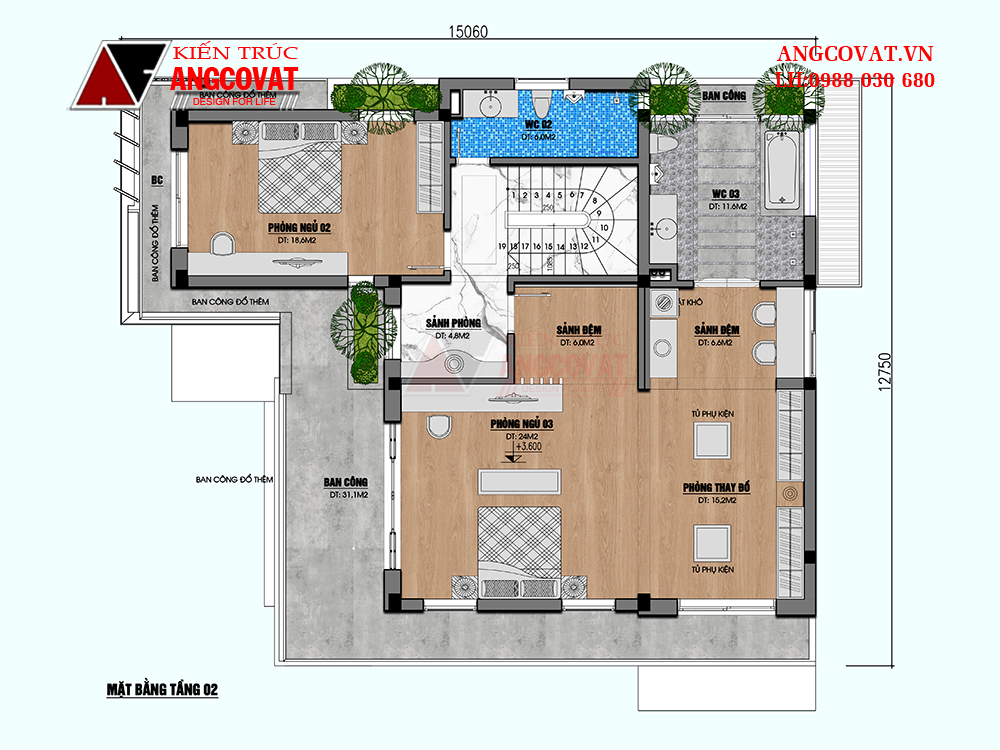 Công năng tầng 2 của biệt thự 3 tầng phong cách indochine hiện đại