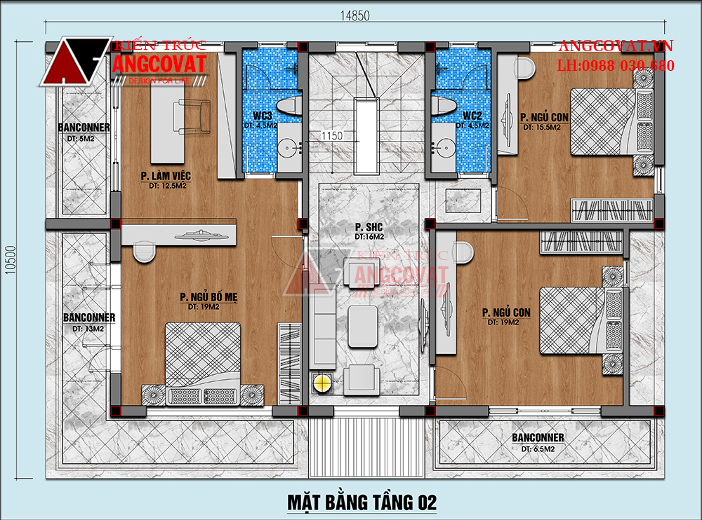 Mặt bằng tầng 2 biệt thự 3 tầng hiện đại mặt tiền 9m
