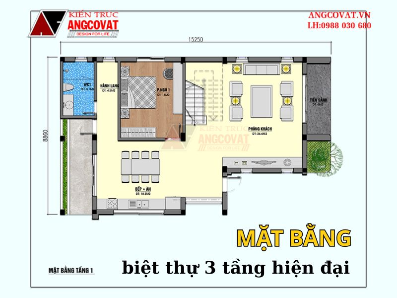 Mặt bằng biệt thự 3 tầng hiện đại tầng 1