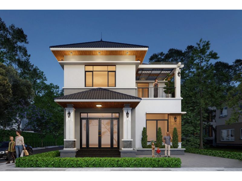 Xây nhà mái Nhật 9x12 2 tầng 2 mặt tiền