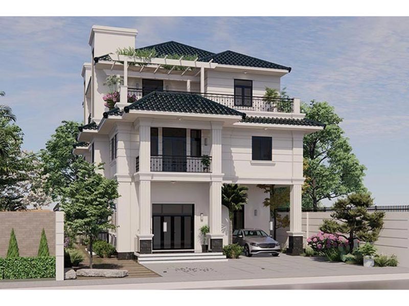 Xây nhà 3 tầng sử dụng mái Nhật có chỗ để xe ô tô