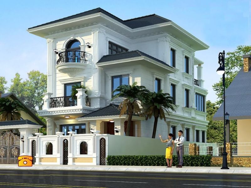 Gam màu trắng nổi bật của mẫu nhà 3 tầng mái Nhật kích thước 9x12