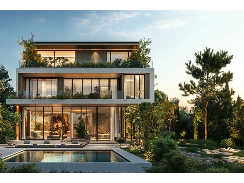 Các vách kính lớn sử dụng trong biệt thự có hồ bơi tăng vẻ đẹp hiện đại và kết nối