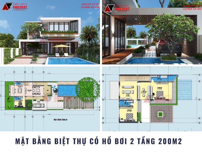 Mặt bằng biệt thự có hồ bơi 200m2 hiện đại 3 phòng ngủ