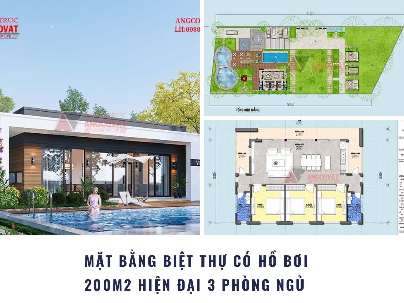Tư vấn bố trí mặt bằng biệt thự có hồ bơi 2 tầng 200m2 3 phòng ngủ