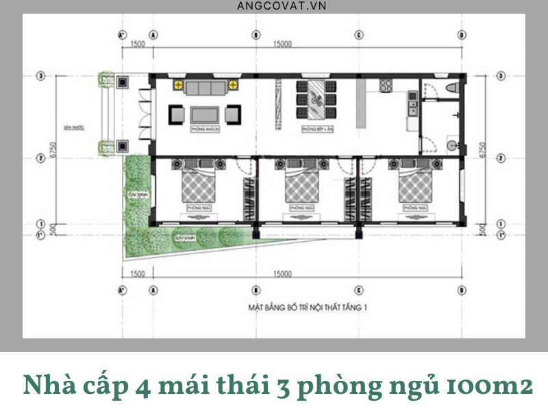 Mặt bằng mẫu nhà cấp 4 mái Thái 3 phòng ngủ 100m2