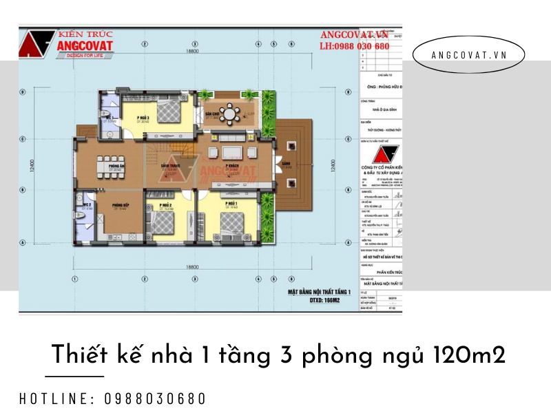 Mặt bằng mẫu nhà 1 tầng 3 phòng ngủ 120m2 đẹp tại Hà Nội