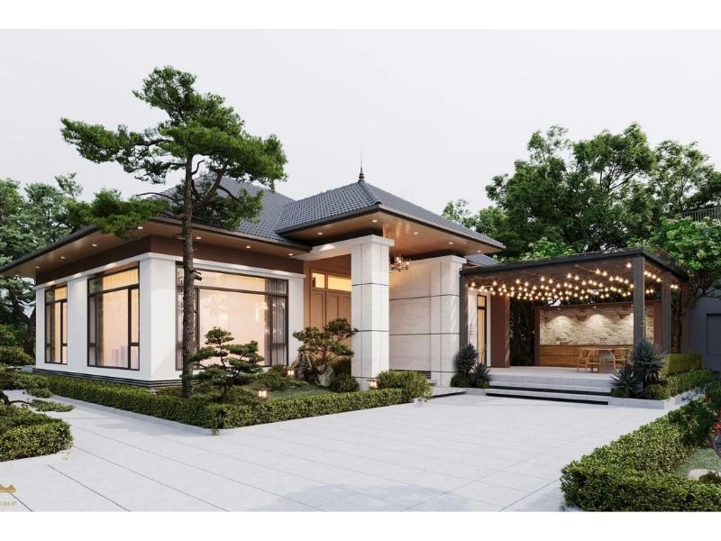 Khuôn viên nhà 1 tầng 4 phòng ngủ 150m2 bố trí gọn gàng và khoa học