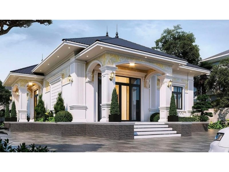 Ngoại thất nổi bật sang trọng của mẫu nhà 1 tầng 4 phòng ngủ 150m2 mái Nhật