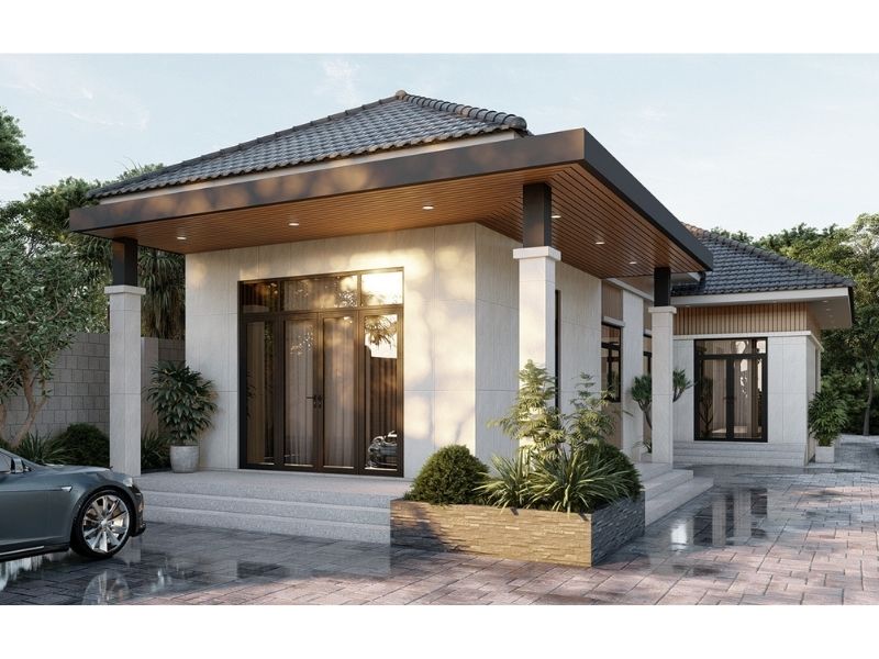 Thiết kế nhà 1 tầng 150m2 mái Nhật sử dụng hệ cửa kính tối ưu ánh sáng tự nhiên