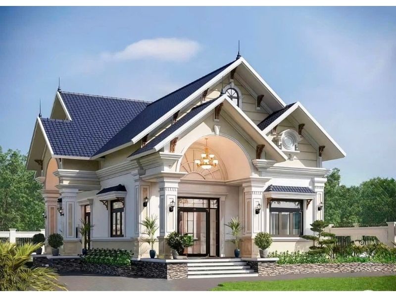 Mẫu nhà 1 tầng 4 phòng ngủ mái Thái theo phong cách tân cổ điển