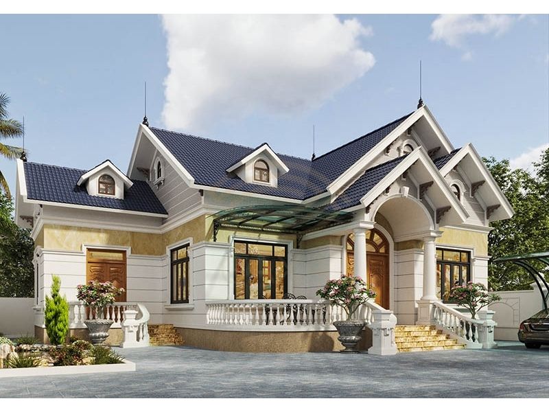 Hệ mái Thái giật cấp trong công trình nhà 1 tầng 4 phòng ngủ 150m2